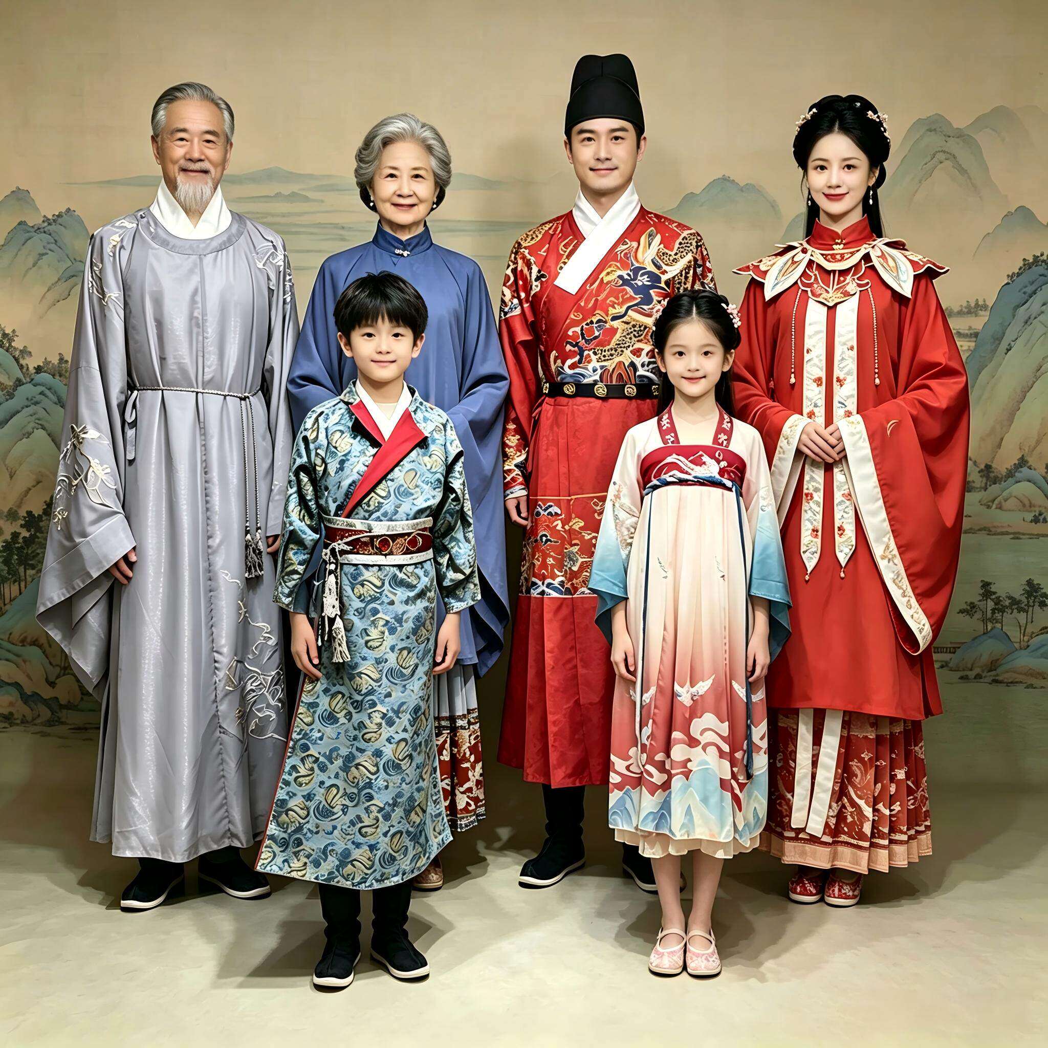 出租古风影楼拍照全家福一家六口复古风古装家庭亲子主题服租赁