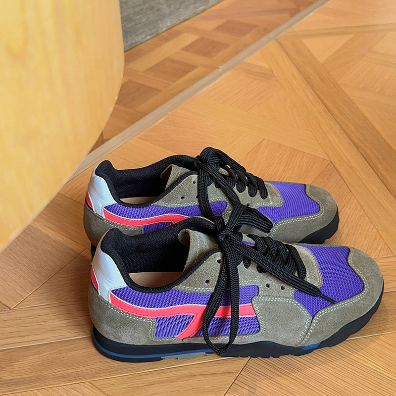 【花边女】复古真皮网面拼色运动休闲鞋 vintage山系圆头系带女鞋