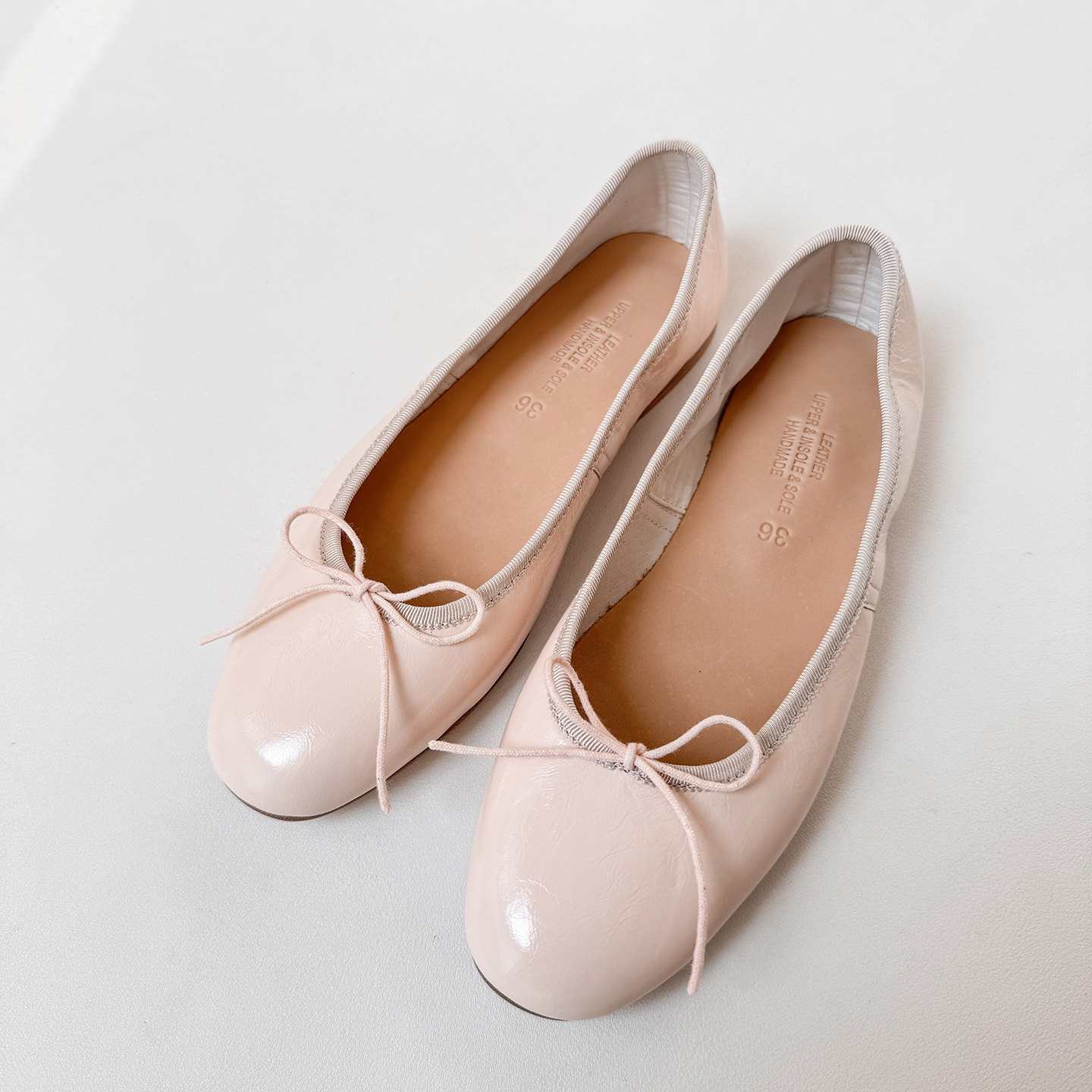法式手工浅口蝴蝶结杏粉芭蕾舞鞋平底鞋 裸色圆头真皮女单鞋