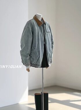日系复古灯芯绒拼接牛仔棉服