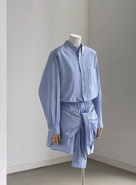 日系简约清新蓝色廓形条纹纯棉衬衫显瘦四季款长袖防嗮衬衫2230