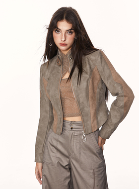 BILL BOOM 美式复古辣妹废土风PU皮衣夹克女秋季修身短款机车外套