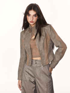 BILL BOOM 美式复古辣妹废土风PU皮衣夹克女秋季修身短款机车外套