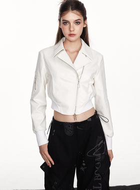 BILL BOOM 美式复古白色西装领皮衣外套女早春新款短款上衣潮