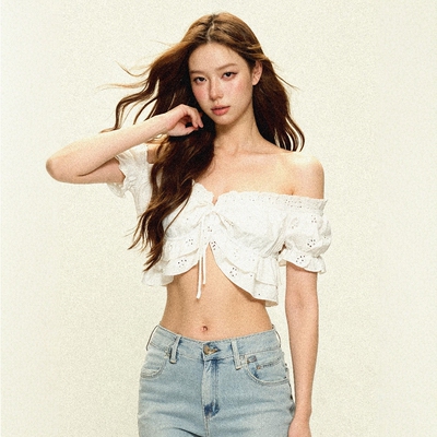 BILL BOOM辣妹纯欲荷叶边白色一字肩可两穿抹胸上衣女夏季