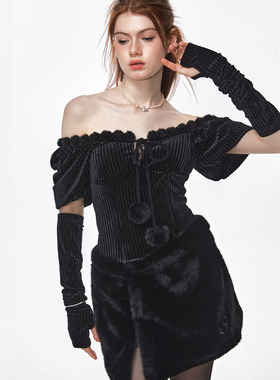 BILL BOOM美式辣妹甜酷2024新款显瘦新年毛毛抹胸带袖套连衣裙女