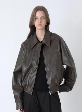 BILLBOOM美式复古翻领PU皮衣外套女宽松短款加棉机车夹克