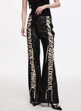 BILLBOOM 原创设计春季辣妹绑带系绳微喇皮裤拖地长裤女