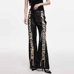 BILLBOOM 原创设计春季辣妹绑带系绳微喇皮裤拖地长裤女