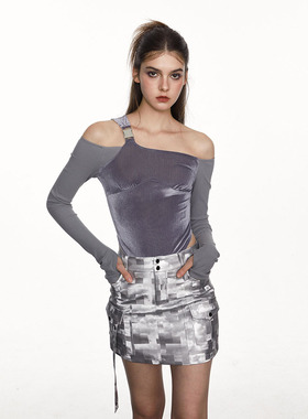 BILL BOOM美式复古辣妹单肩带吊带背心女内搭打底设计感修身上衣