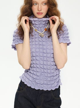 BILL BOOM设计感弹力淡紫泡泡格半高领短袖T恤上衣春夏季