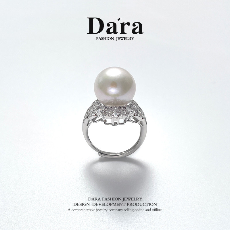 Dara/戴拉S925银14-15mm正圆无瑕极光淡水珍珠戒指高级手饰食指戒
