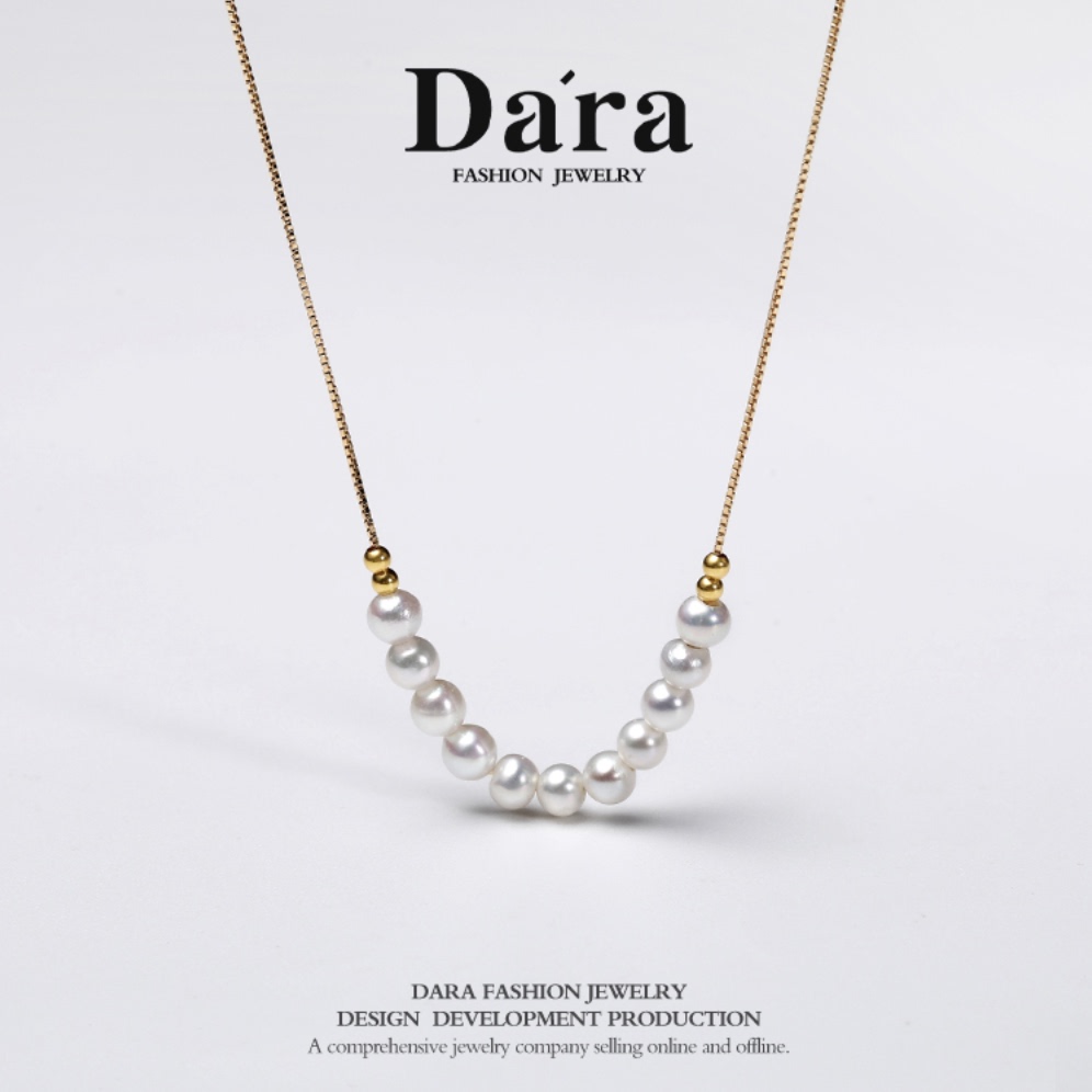 Dara/戴拉真金微笑18K金豆 3-4mm正圆极强光淡水珍珠吊坠锁骨链