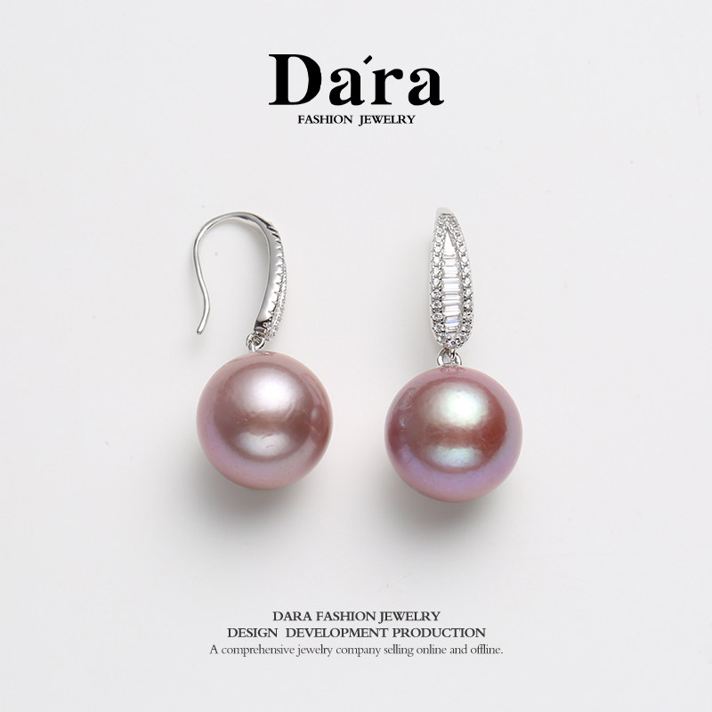 Dara/戴拉S925银正圆13-14mm紫色淡水珍珠耳钩轻奢高级感耳环耳饰