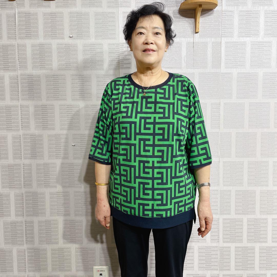 现货韩国东大门女装夏季圆领薄款套头宽松格子五分袖妈妈衫T恤