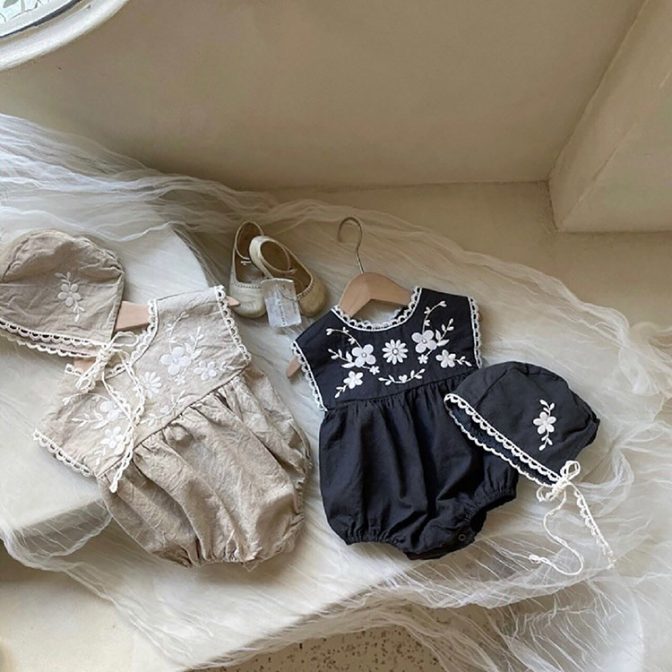 棉麻绣花婴童连体衣夏季薄款衣服