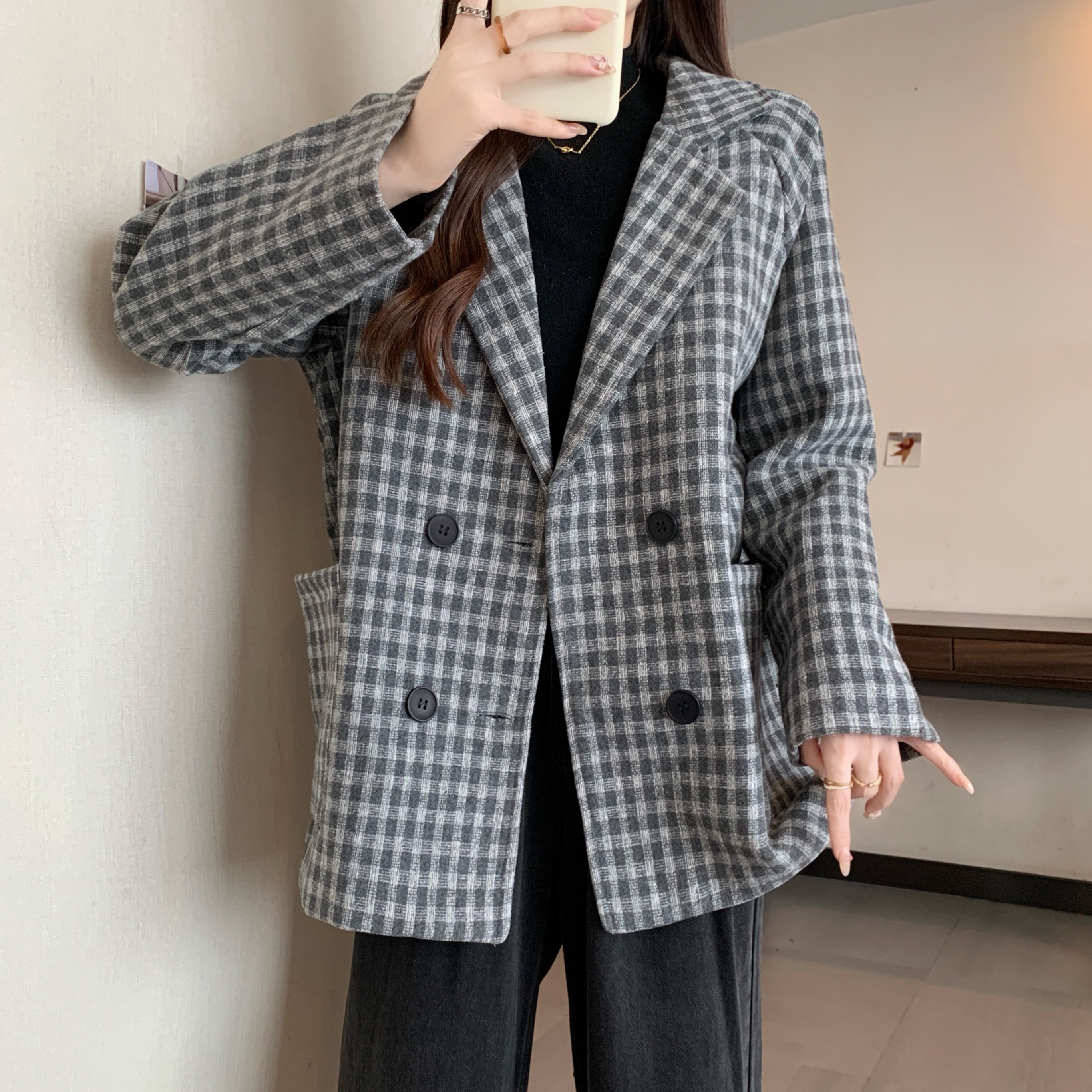 胖MMA字版夹棉斗篷毛呢大衣冬装加厚格子外套女大码显瘦藏肉200斤