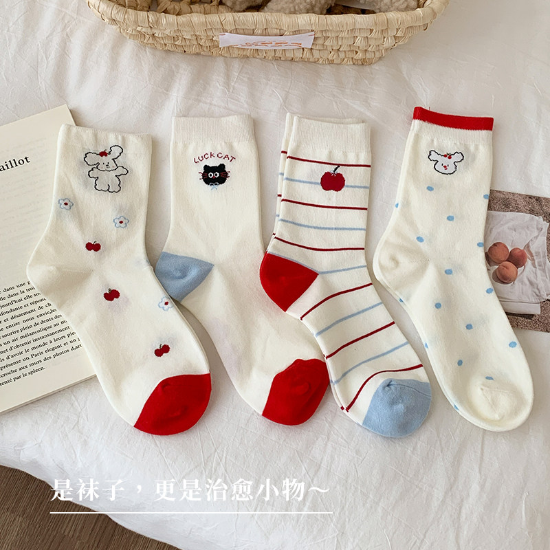 纯棉袜子女春秋冬款卡通可爱中筒袜2026新款爆款网红多巴胺无骨袜