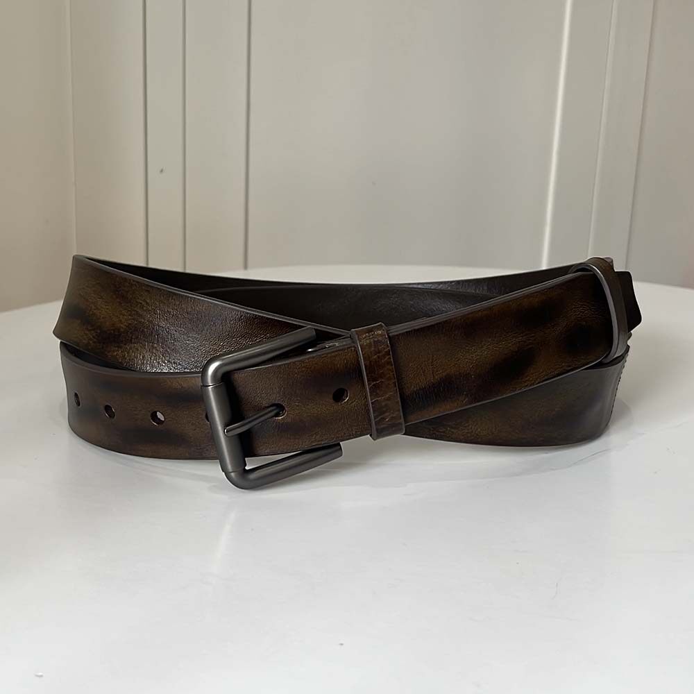 复古双层针扣窄腰封头层牛皮轻奢百搭皮带 时尚个性女士双层腰带