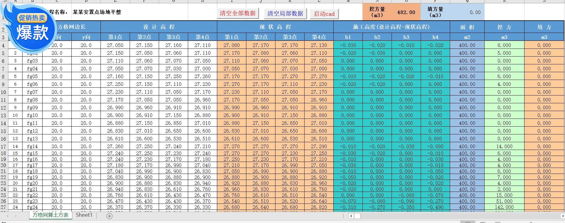 方格网法土方工程量计算软件施工场地挖方填方生成无需安装CAD