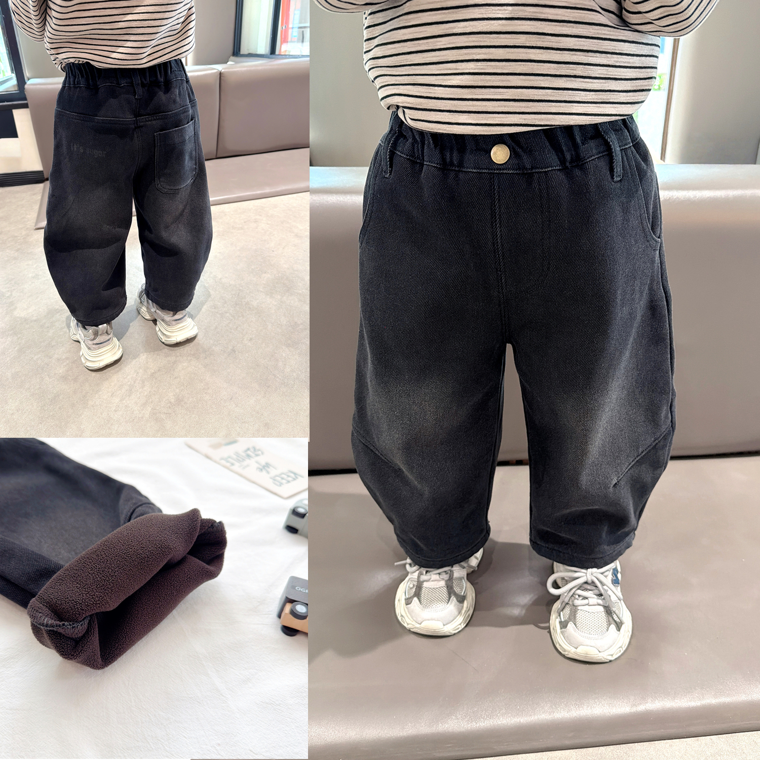 男童黑色加绒牛仔裤2025秋冬款中小童宝宝洋气宽松一体绒弯刀裤潮