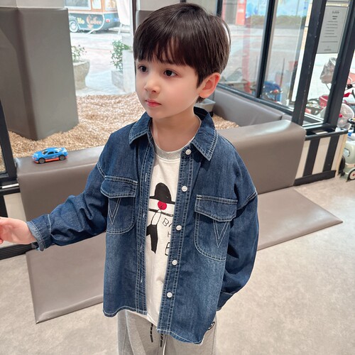 前短后长男童韩版洋气软牛仔衬衫