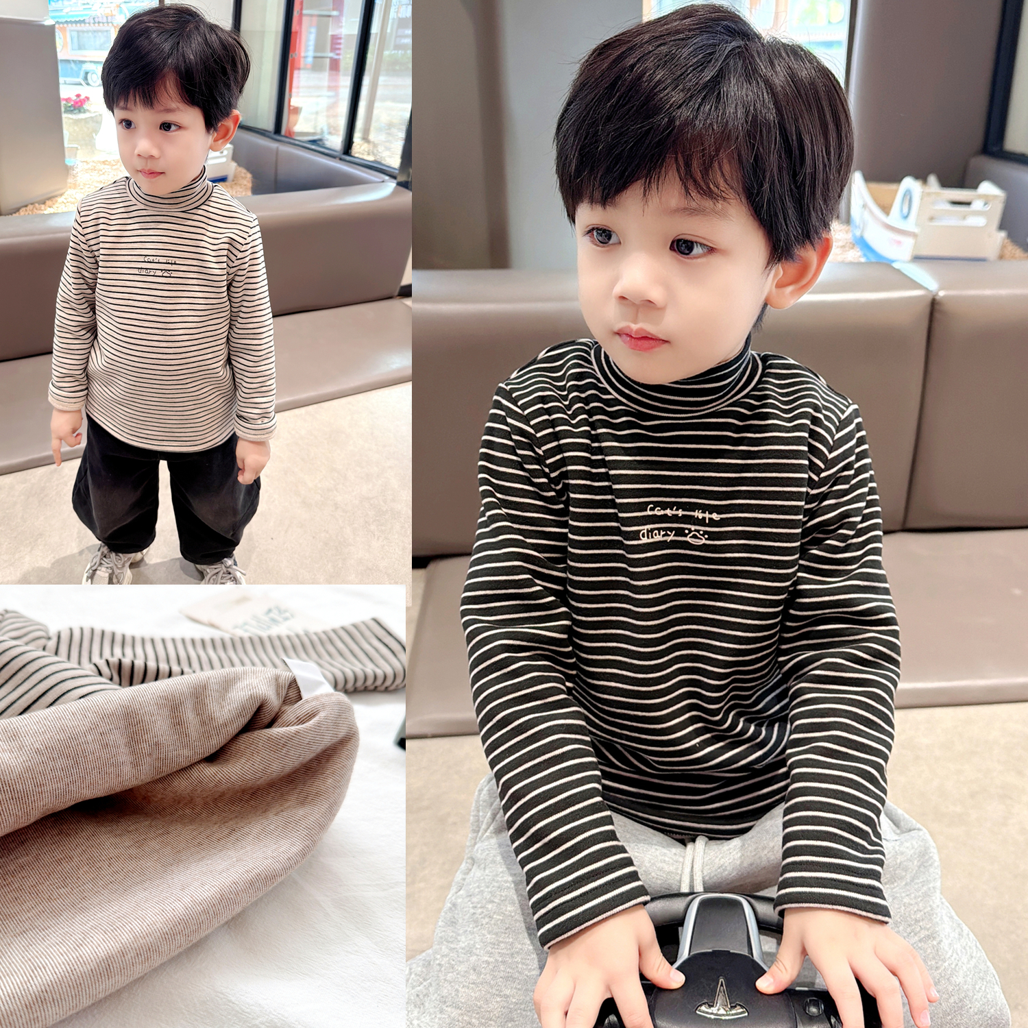 儿童双层加厚条纹高领长袖T恤2025冬季新款中小童宝宝保暖打底衫