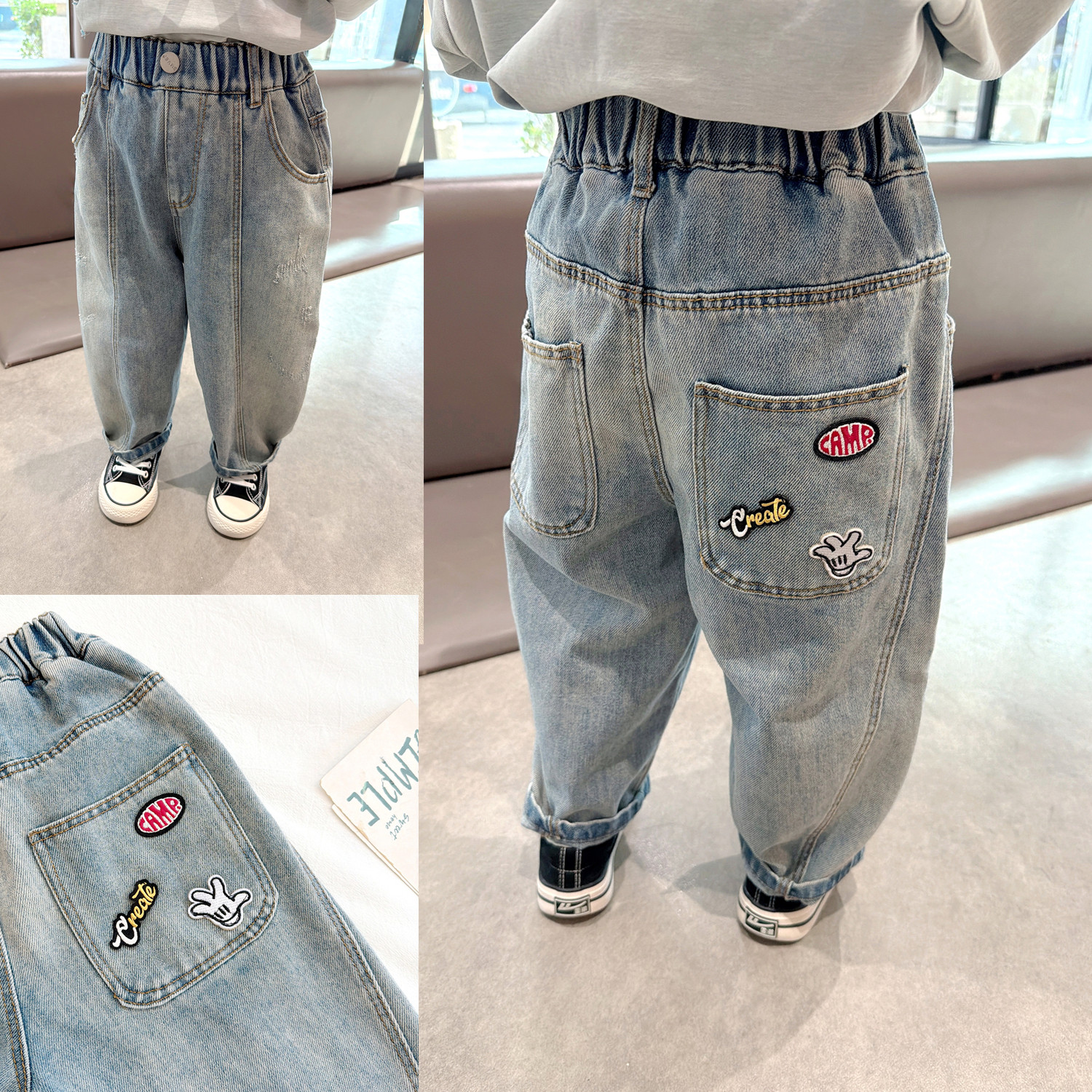 版型超赞~男童口袋贴标软牛仔裤长裤2026春季新款儿童水洗裤子潮