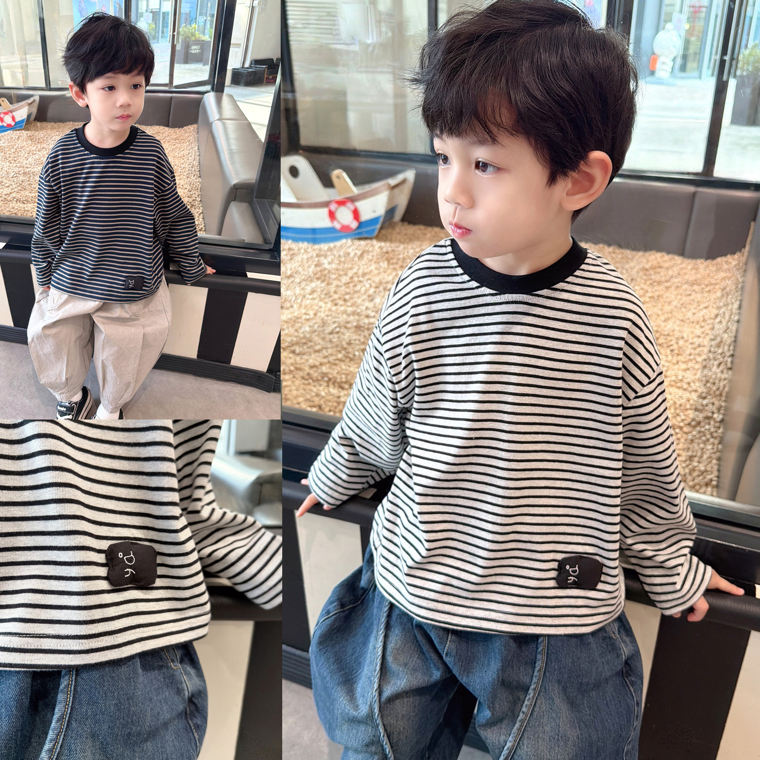 软糯高弹力~男童百搭条纹长袖T恤2026春季新款中小童韩版宽松上衣