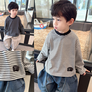 中小童韩版 软糯高弹力 新款 T恤2026春季 宽松上衣 男童百搭条纹长袖