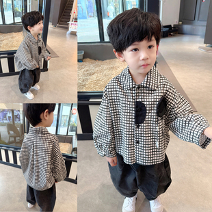 男童立体洋气格子衬衫 长袖 2026春季 中小童韩版 衬衣 新款 前短后长