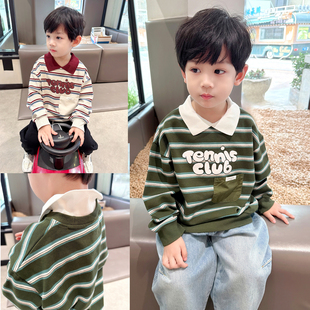 中小童韩版 新款 休闲上衣潮 男童假两件条纹卫衣2026春季 洋气翻领