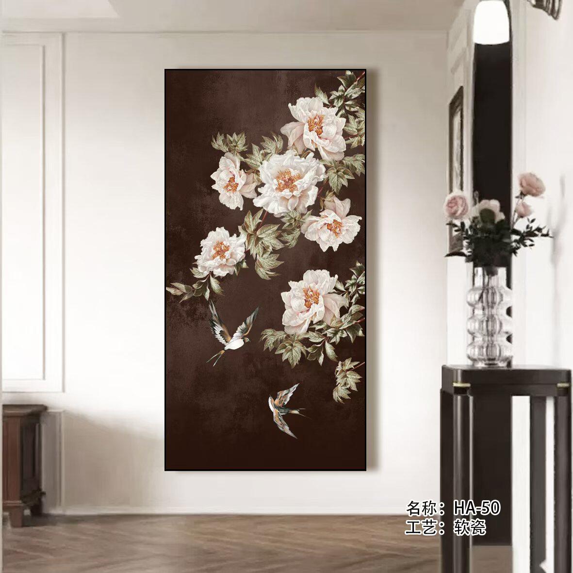 侘寂风中古复古入户玄关沙发背景画高端软瓷重工水钻镶嵌画
