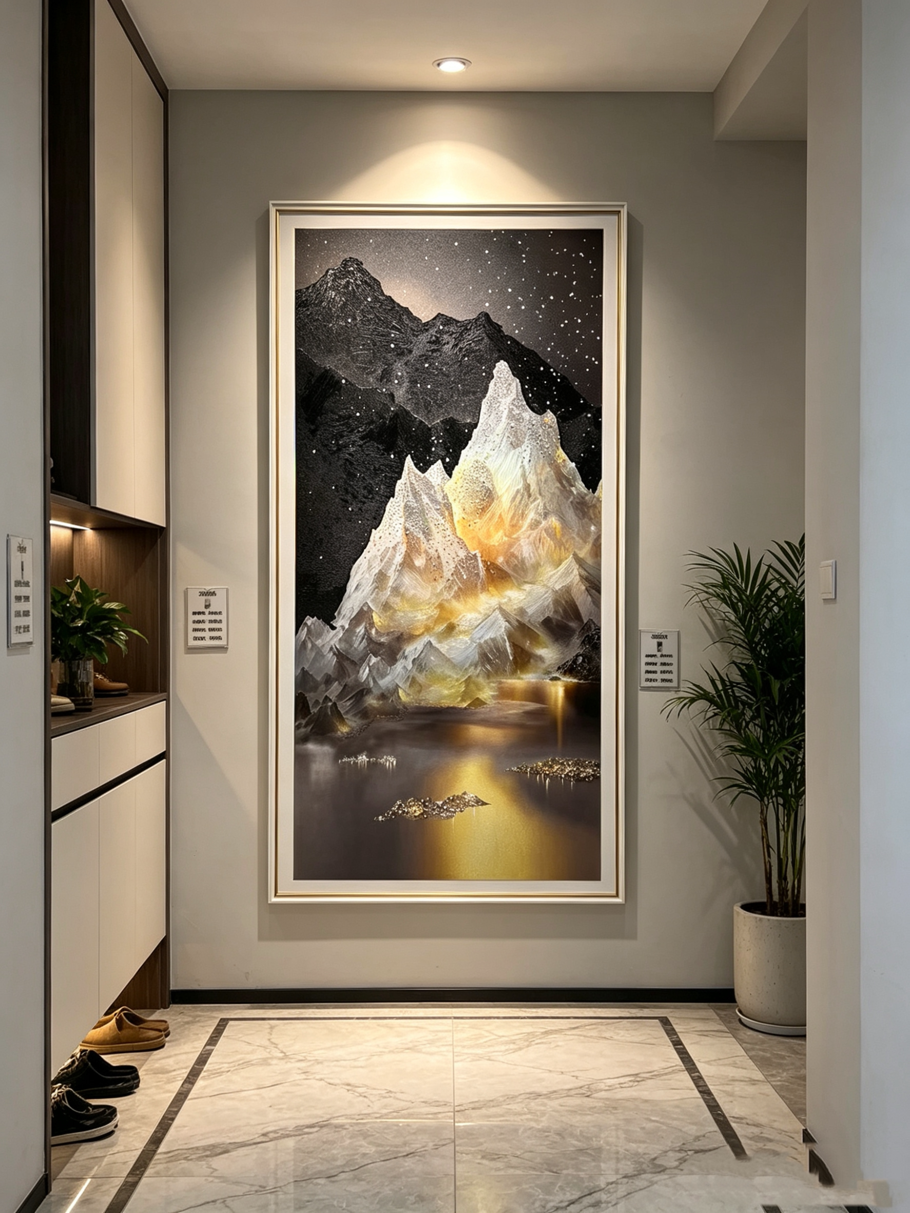 现代简约意式入户玄关走廊尽头装饰画星河雪山玛瑙冰雕立体珍珠画