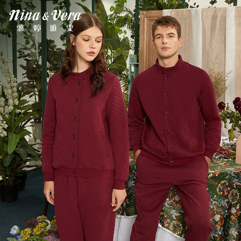 三层夹棉空气红色本命年情侣睡衣