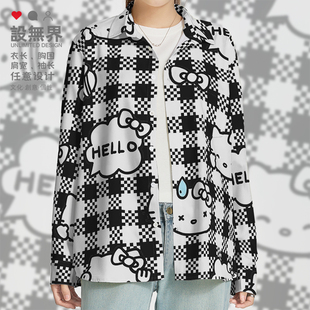 可爱凯蒂黑白猫咪拼接格子大码长袖衬衫男装女装花衬衣潮设 无界