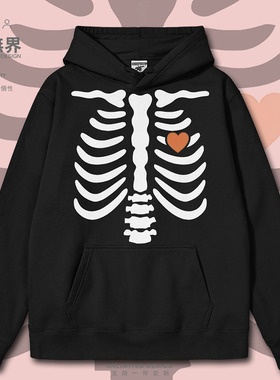 X光趣味图片卡通骨骼橙色心形连帽卫衣男女加绒帽衫潮0018设 无界