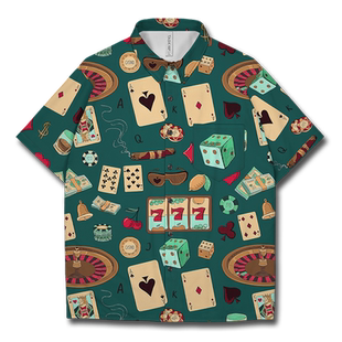 手绘筹码扑克牌赌场赌具图案大码短袖衬衫男装女装夏18设 无界