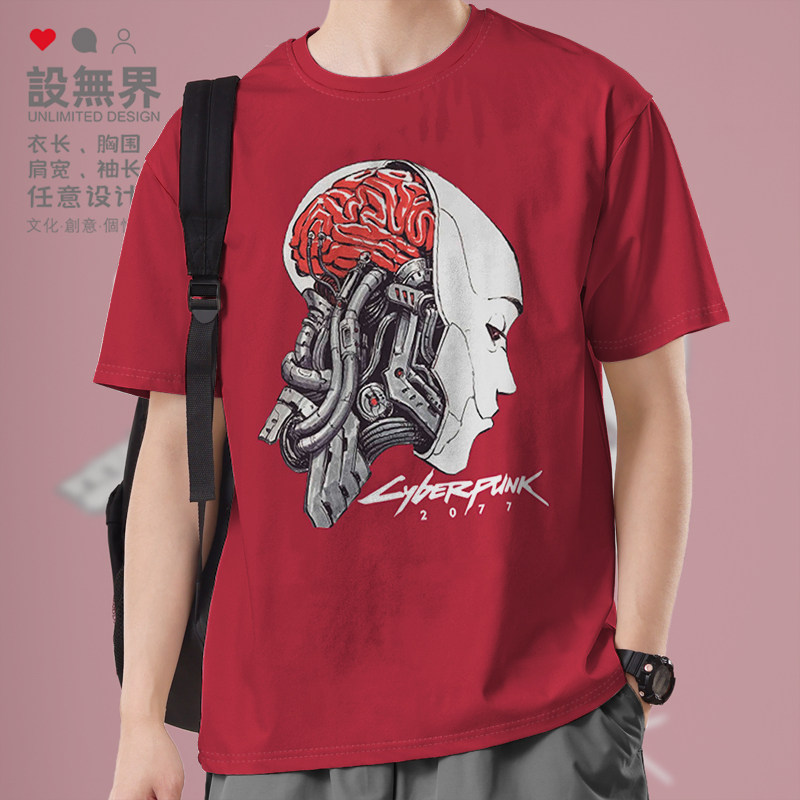 赛博朋克帅气机械头颅短袖T恤男女个性插画夏运动衣服0011设 无界