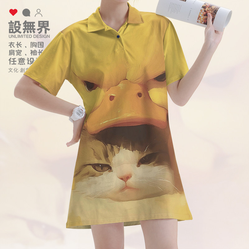 可爱生气表情猫咪鸭子小众设计感POLO领连衣裙裙子夏0018设 无界 - 实物图