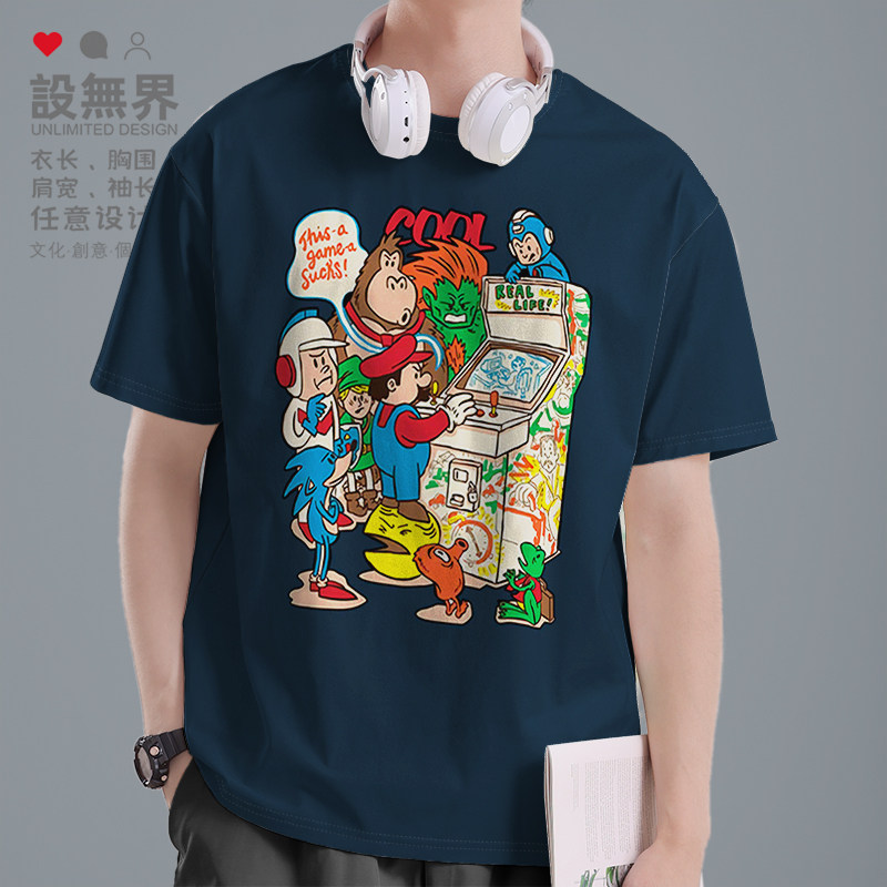 马里奥打游戏机涂鸦插画短袖T恤男女游戏周边衣服夏装0010设 无界