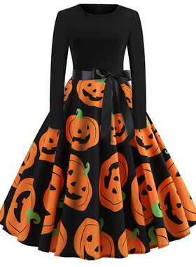 夏季新款大码女装欧洲站圣节印花拼接长袖大摆连衣裙送丝带Dress