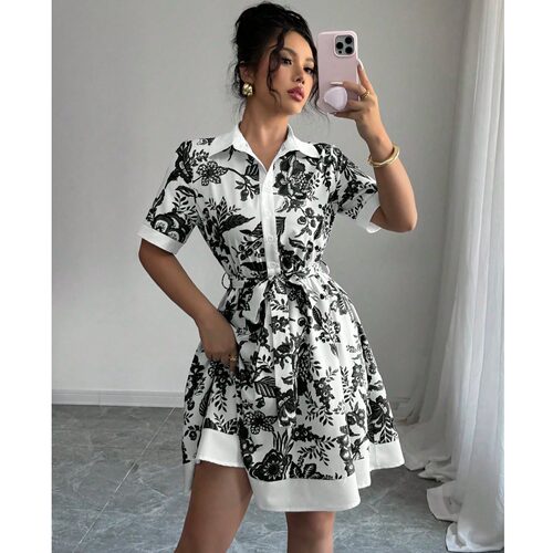 通勤气质翻领印花正肩短袖连衣裙