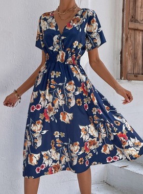 欧美速卖通夏季套头V领高腰收腰蓝色印花短袖中长款连衣裙女DRESS