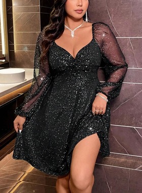 亚马逊欧美秋季新款黑色深V领性感烫金扭结收腰收口袖连衣裙礼服