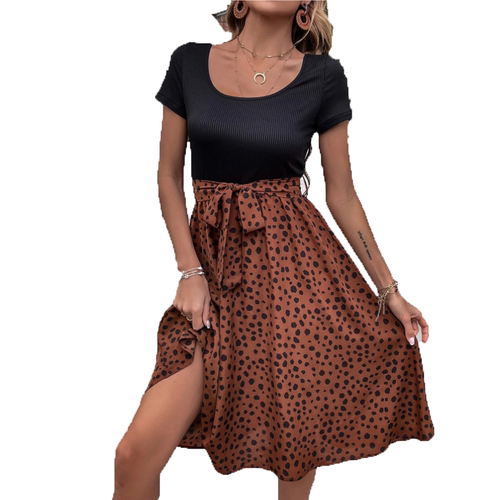 欧美A字石头印花拼接短袖连衣裙