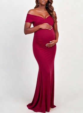 欧美风孕妇装时尚纯色露肩修身包臀短袖鱼尾连衣裙礼服长裙女RESS