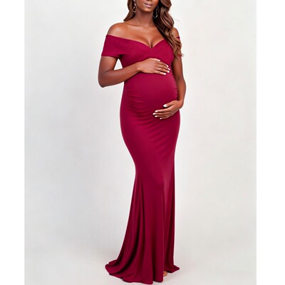 欧美风孕妇装时尚纯色露肩修身包臀短袖鱼尾连衣裙礼服长裙女RESS