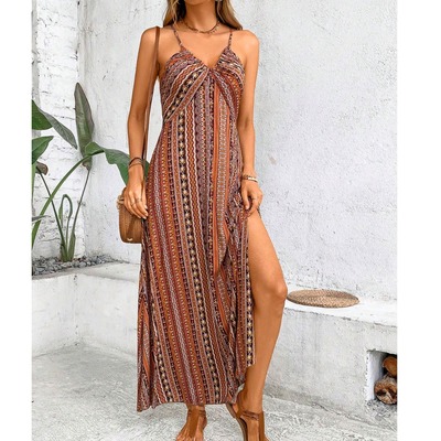 欧美夏季V领印花开叉吊带连衣裙