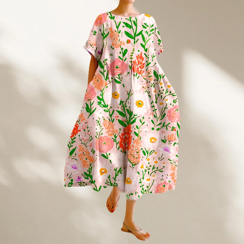 欧洲大码女装圆领花卉图案宽松时尚休闲中长款短袖连衣裙潮DRESS